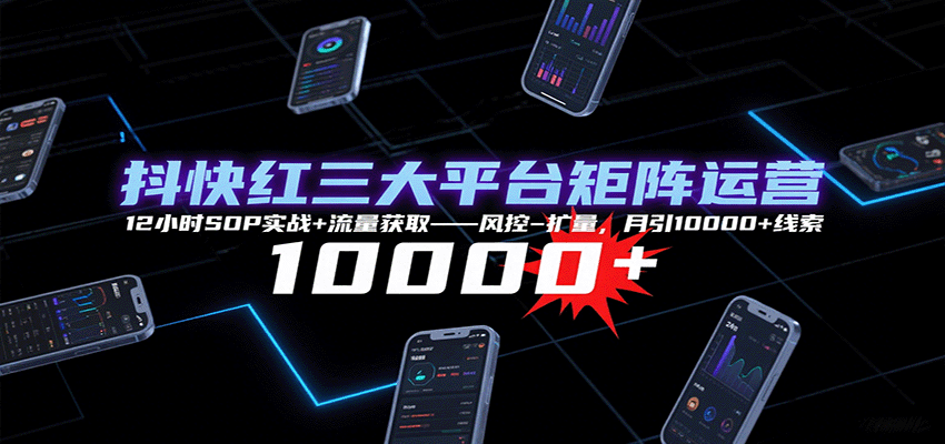 抖快红三大平台矩阵运营,12小时SOP实战+流量获取-风控-扩量,月引10000+线索-聊项目