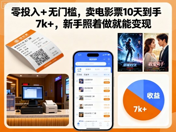 零投入+无门槛，卖电影票10天到手7k+，新手照着做就能变现【揭秘】-聊项目