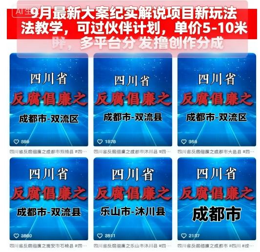 9月最新大案纪实解说项目新玩法教学,可过伙伴计划,单价5-10米,多平台分发撸创作分成-聊项目