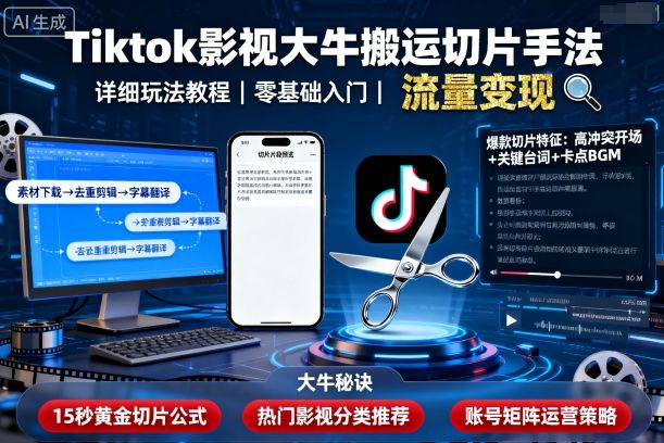 Tiktok影视大牛搬运切片手法,详细玩法教程-聊项目
