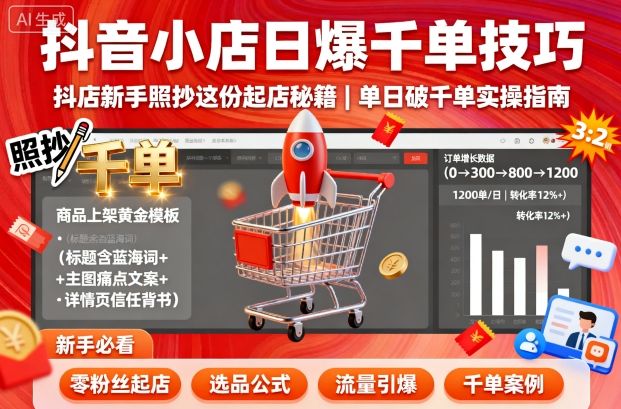 抖音小店日爆千单技巧,抖店新手照抄这份起店秘籍,单日破千单-聊项目