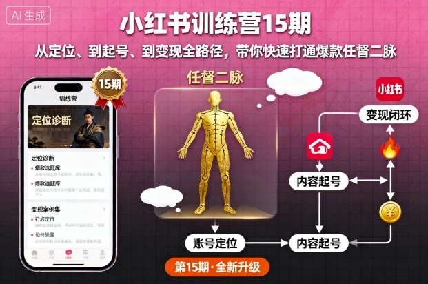 小红书训练营15期,从定位、到起号、到变现全路径,带你快速打通爆款任督二脉-聊项目