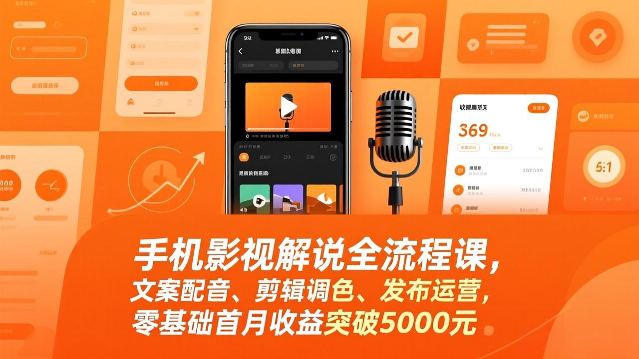 手机影视解说全流程课，文案配音、剪辑调色、发布运营，零基础首月收益突破5000元-聊项目