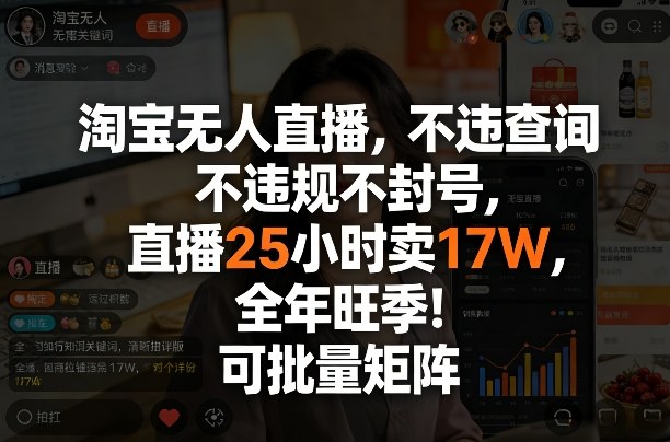 淘宝无人直播，不违规不封号，直播25小时卖17W，全年旺季！可批量矩阵【揭秘】-聊项目
