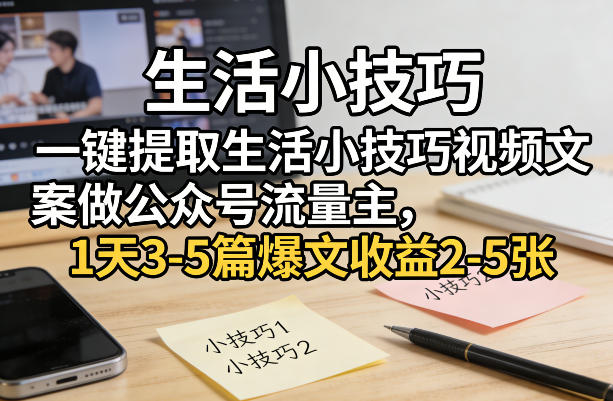 一键提取生活小技巧视频文案做公众号流量主,1天3-5篇爆文收益2-5张-聊项目