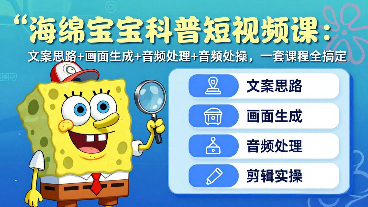 海绵宝宝科普短视频课:文案思路+画面生成+音频处理+剪辑实操,一套课程全搞定-聊项目