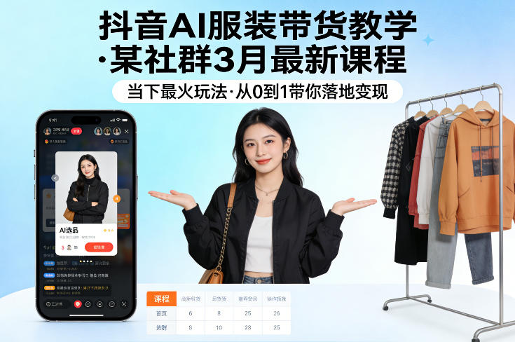 抖音AI服装带货教学,某社群3月最新课程,当下最火玩法,从0到1带你落地变现-聊项目