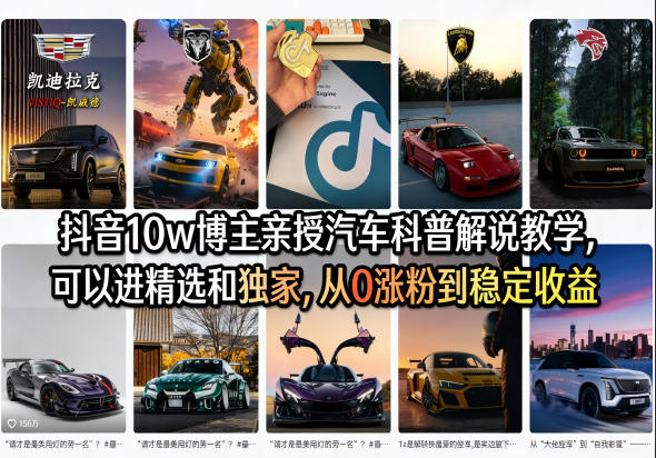 抖音10w博主亲授汽车科普解说教学,可以进精选和独家,从0涨粉到稳定收益(详细视频课程+1T素材)-聊项目