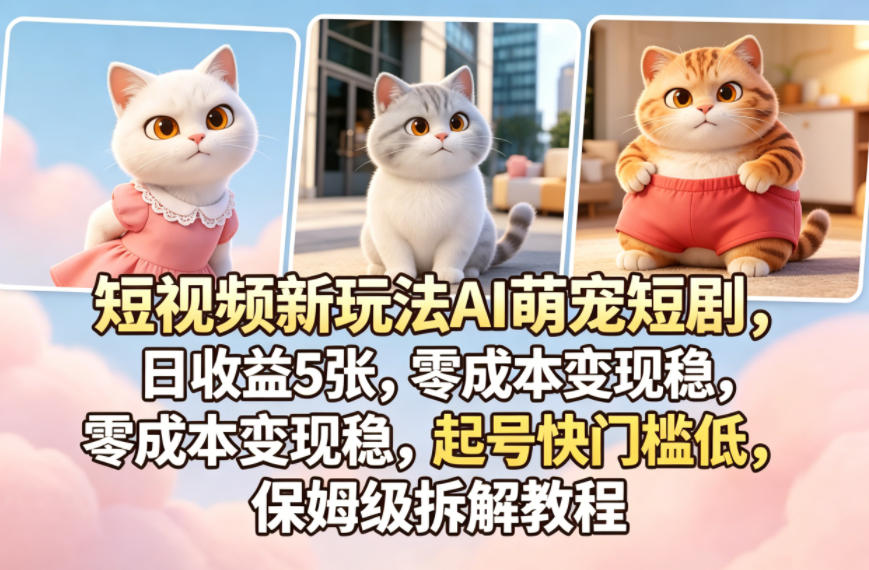 短视频新玩法AI萌宠短剧，日收益5张，零成本变现稳，起号快门槛低，保姆级拆解教程-聊项目