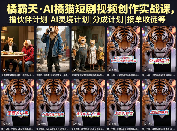 橘霸天·AI橘猫短剧视频创作实战课,撸伙伴计划|AI灵境计划|分成计划|接单收徒等-聊项目