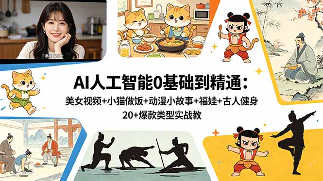 AI人工智能0基础到精通:美女视频+小猫做饭+动漫小故事+福娃+古人健身,20+爆款类型实战教学-聊项目