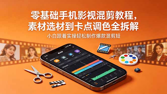 零基础手机影视混剪教程,素材选材到卡点调色全拆解,小白跟着实操轻松制作爆款混剪短片-聊项目