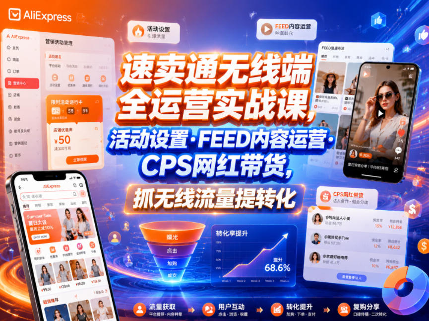 速卖通无线端全运营实战课,活动设置・FEED内容运营・CPS网红带货,抓无线流量提转化-聊项目