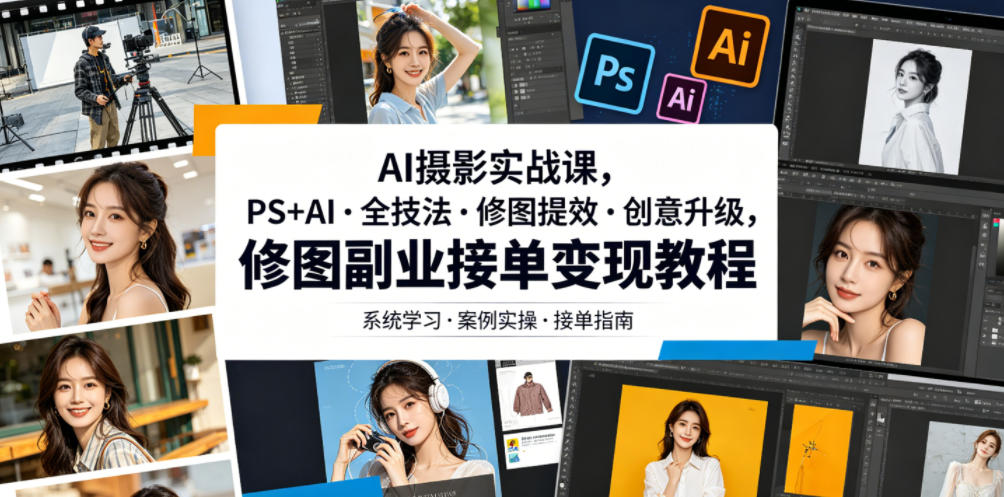 AI摄影实战课,PS+AI・全技法・修图提效・创意升级,修图副业接单变现教程-聊项目