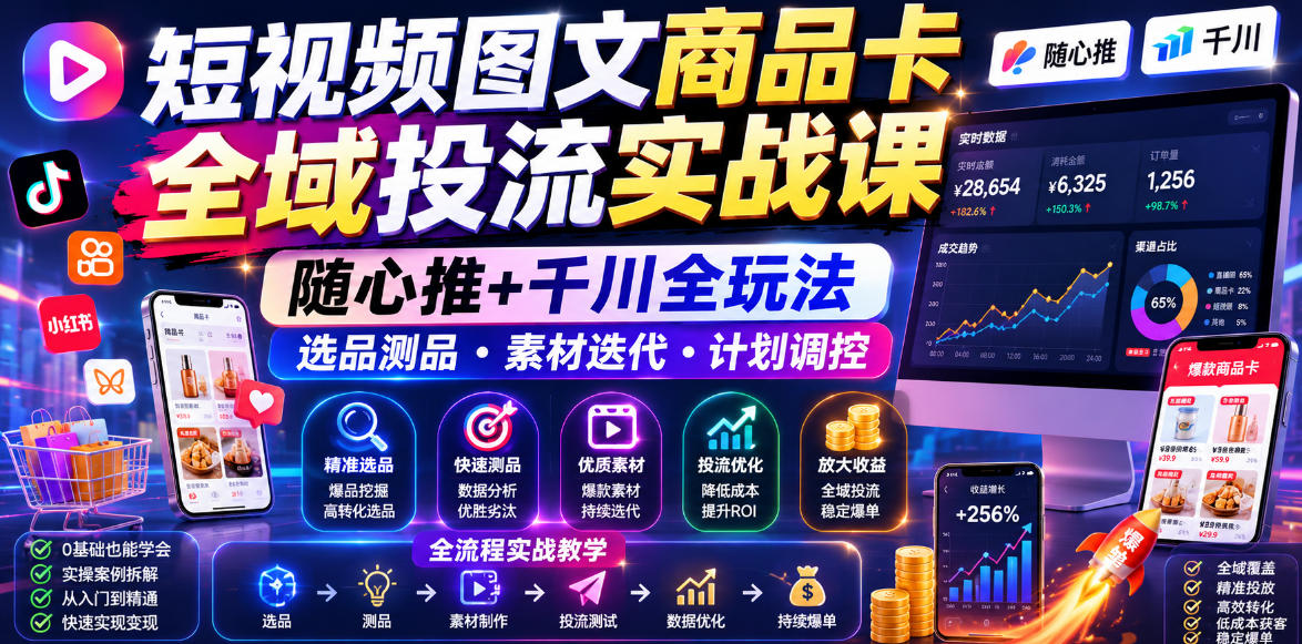 短视频图文商品卡全域投流实战课,随心推+千川全玩法,选品测品・素材迭代・计划调控,提升ROI爆单增收教程-聊项目