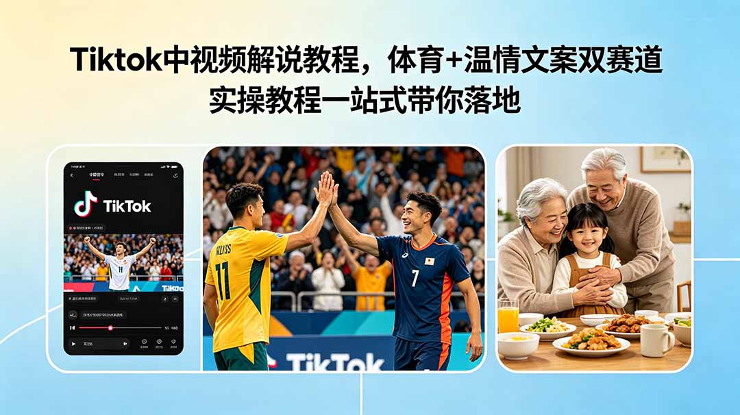Tiktok中视频解说教程,体育+温情文案双赛道实操教程一站式带你落地-聊项目