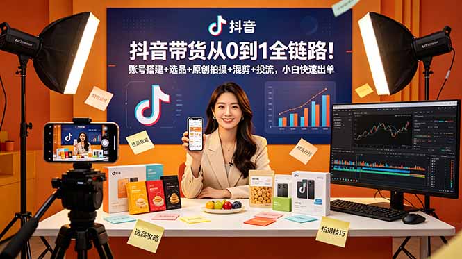 抖音带货从0到1全链路!账号搭建+选品+原创拍摄+混剪+投流,小白快速出单-聊项目