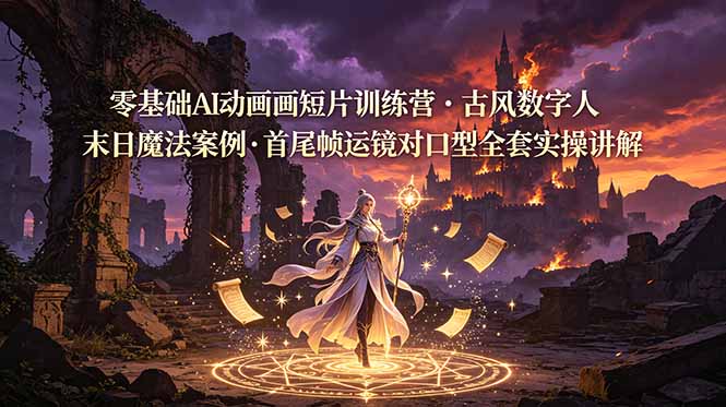 零基础AI动画短片训练营，古风数字人末日魔法案例，首尾帧运镜对口型全套实操讲解-聊项目