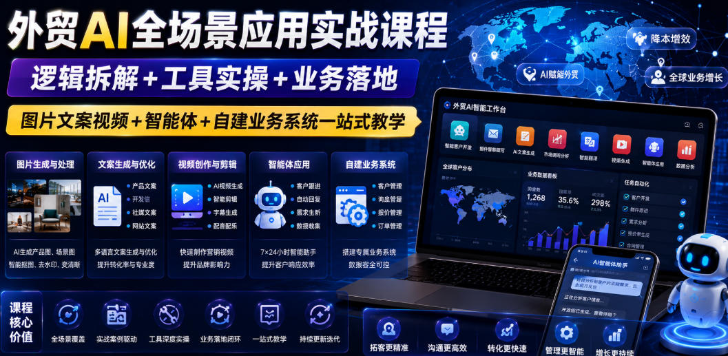 外贸AI全场景应用实战课程｜逻辑拆解+工具实操+业务落地，图片文案视频+智能体+自建业务系统一站式教学-聊项目