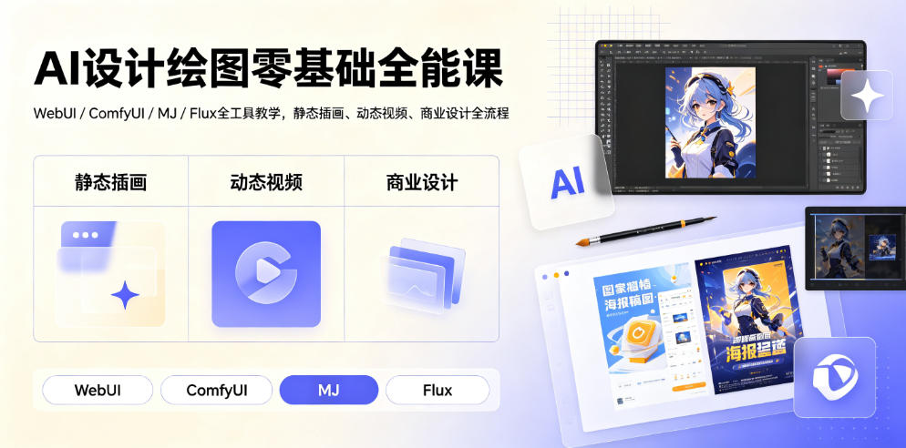 AI设计绘图零基础全能课|WebUI/ComfyUI/MJ/Flux全工具教学,静态插画、动态视频、商业设计全流程-聊项目
