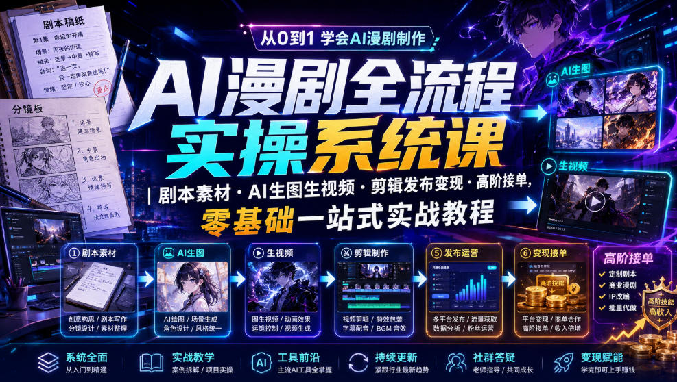 AI漫剧全流程实操系统课|剧本素材・AI生图生视频・剪辑发布变现・高阶接单,零基础一站式实战教程-聊项目