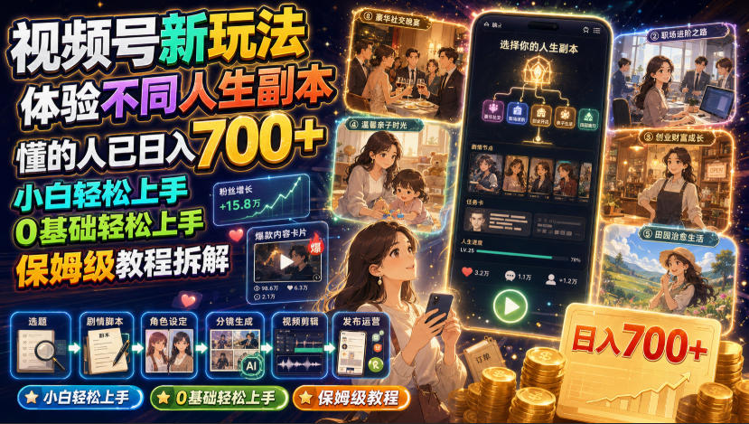 视频号新玩法体验不同人生副本,懂的人已日入700+,小白轻松上手,0基础轻松上手,保姆级教程拆解-聊项目