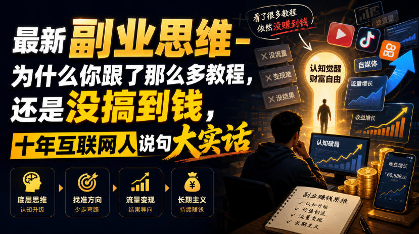 最新副业思维-为什么你跟了那么多教程,还是没搞到钱,十年互联网人说句大实话【揭秘】-聊项目