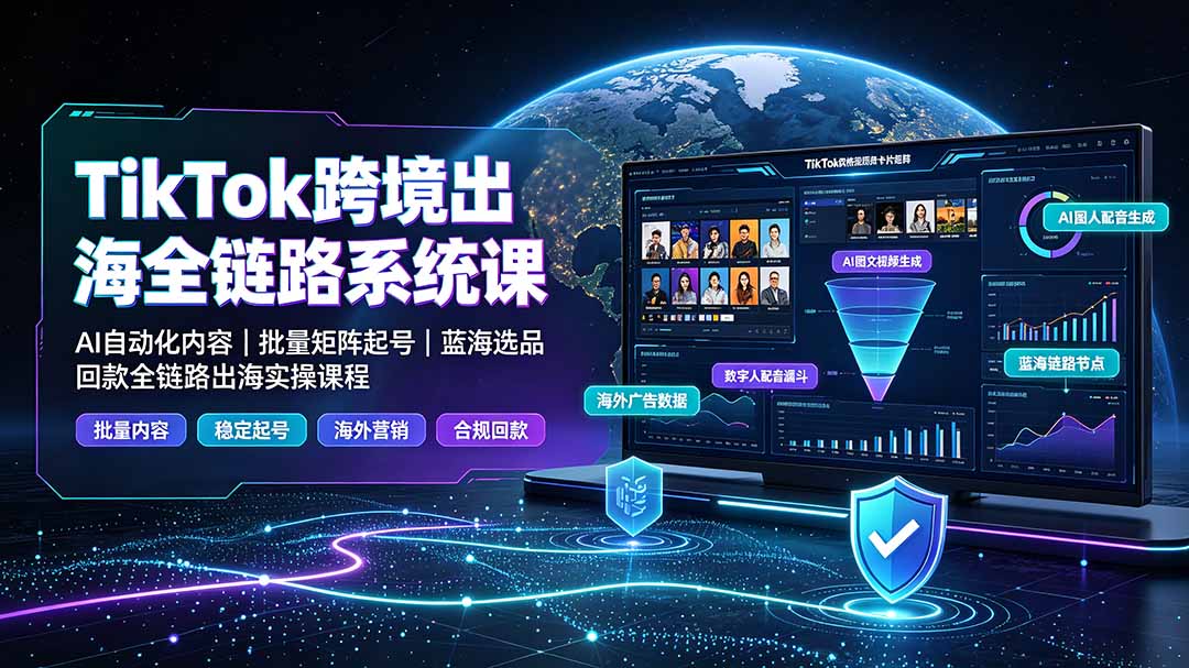 TikTok跨境出海全链路系统课-2026年7月:AI自动化内容|批量矩阵起号|蓝海选品回款全链路出海实操课程-聊项目