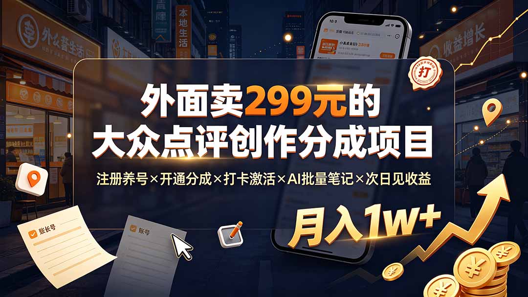 外面卖299元的大众点评创作分成项目：注册养号×开通分成×打卡激活×AI批量笔记×次日见收益，月入1w+-聊项目