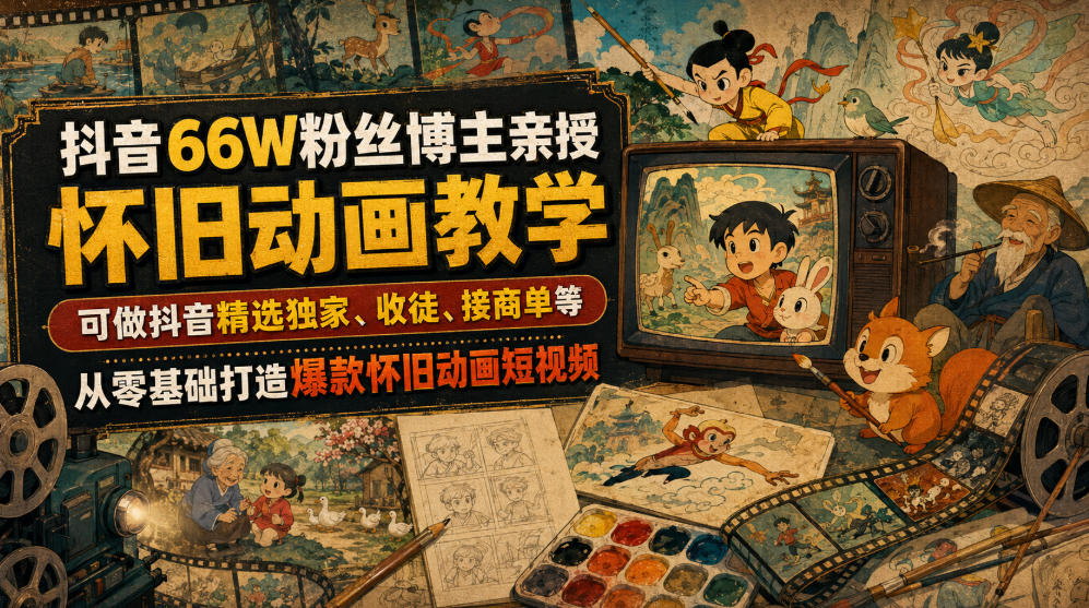 抖音66W粉丝博主亲授怀旧动画教学,可做抖音精选独家、收徒、接商单等,从零基础打造爆款怀旧动画短视频-聊项目