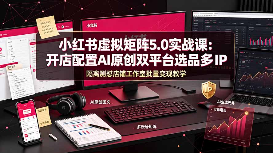 小红书虚拟矩阵5.0实战课:开店配置|AI原创|双平台选品|多IP隔离|测怼店铺工作室批量变现实操教学-聊项目