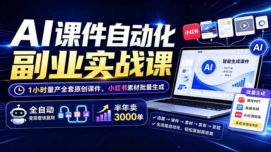 AI课件自动化副业实战课:1小时量产全套原创课件×小红书素材批量生成×全自动变现管线×半年卖3000单-聊项目