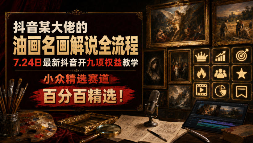 抖音某大佬的油画名画解说全流程,7.24日最新抖音开九项权益教学,小众精选赛道,百分百精选!-聊项目