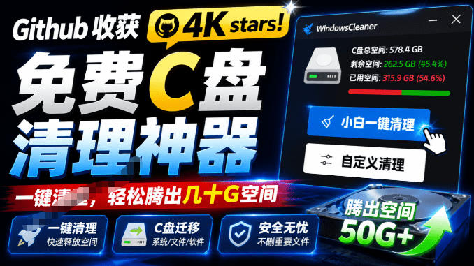 Github收获4K stars!免费C盘清理神器,轻松腾出几十G空间,支持C盘迁移Windows Cleaner-聊项目