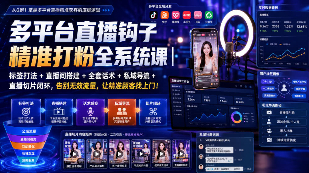 多平台直播钩子精准打粉全系统课|标签打法+直播间搭建+全套话术+私域导流+直播切片闭环,告别无效流量,让精准顾客找上门!-聊项目