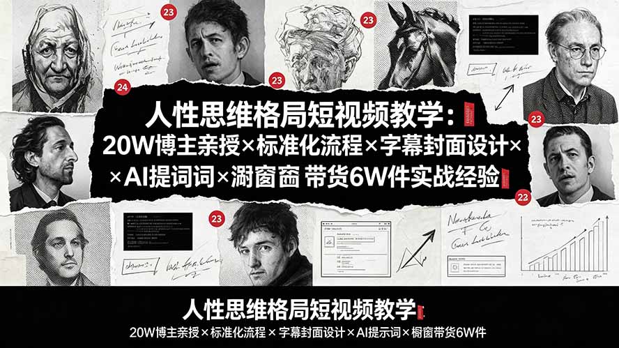 人性思维格局短视频教学:20W博主亲授×标准化流程×字幕封面设计×AI提示词×橱窗带货6W件实战经验-聊项目
