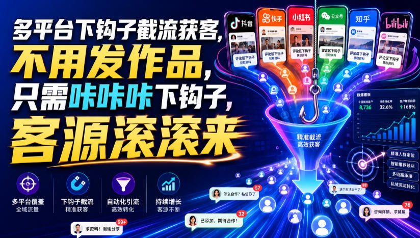 多平台下钩子截流获客，不用发作品，只需咔咔咔下钩子，客源滚滚来-聊项目