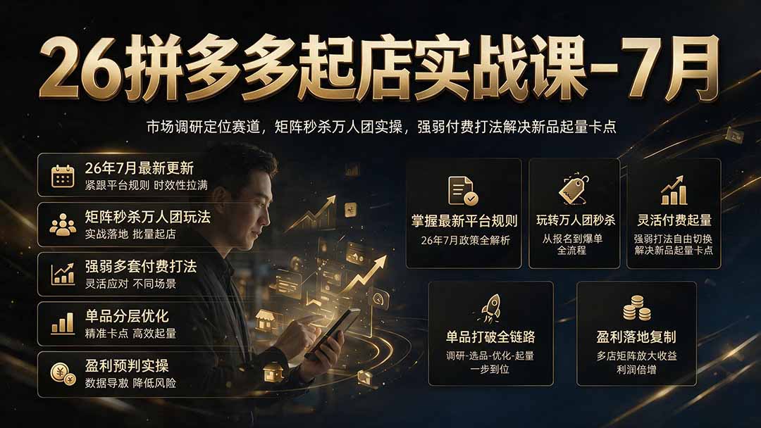 26拼多多起店实战课-7月|市场调研定位赛道,矩阵秒杀万人团实操,强弱付费打法解决新品起量卡点-聊项目