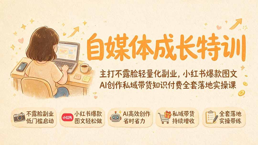 自媒体成长特训|主打不露脸轻量化副业,小红书爆款图文AI创作私域带货知识付费全套落地实操课-聊项目