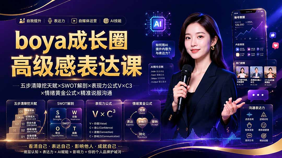boya成长圈|内心成长高级表达AI自媒体三合一,消解内耗挖掘天赋,镜头沟通AI指令短视频全流程教学-聊项目