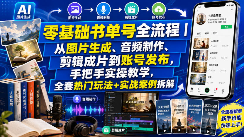 零基础书单号全流程|从图片生成、音频制作、剪辑成片到账号发布,手把手实操教学,全套热门玩法+实战案例拆解-聊项目