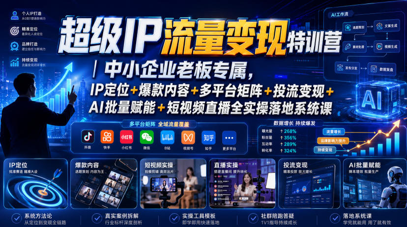 超级IP流量变现特训营|中小企业老板专属,IP定位+爆款内容+多平台矩阵+投流变现+AI批量赋能+短视频直播全实操落地系统课-聊项目