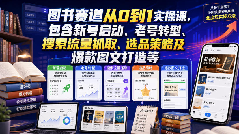 图书赛道从0到1实操课,包含新号启动、老号转型、搜索流量抓取、选品策略及爆款图文打造等-聊项目