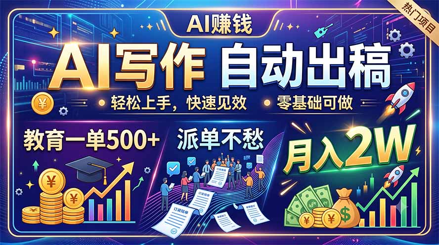 AI写作自动出稿,教育一单500+,派单不愁,月入2W-聊项目