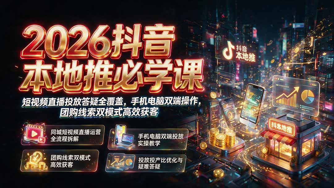2026抖音本地推必学课|短视频直播投放答疑全覆盖,手机电脑双端操作,团购线索双模式高效获客-聊项目