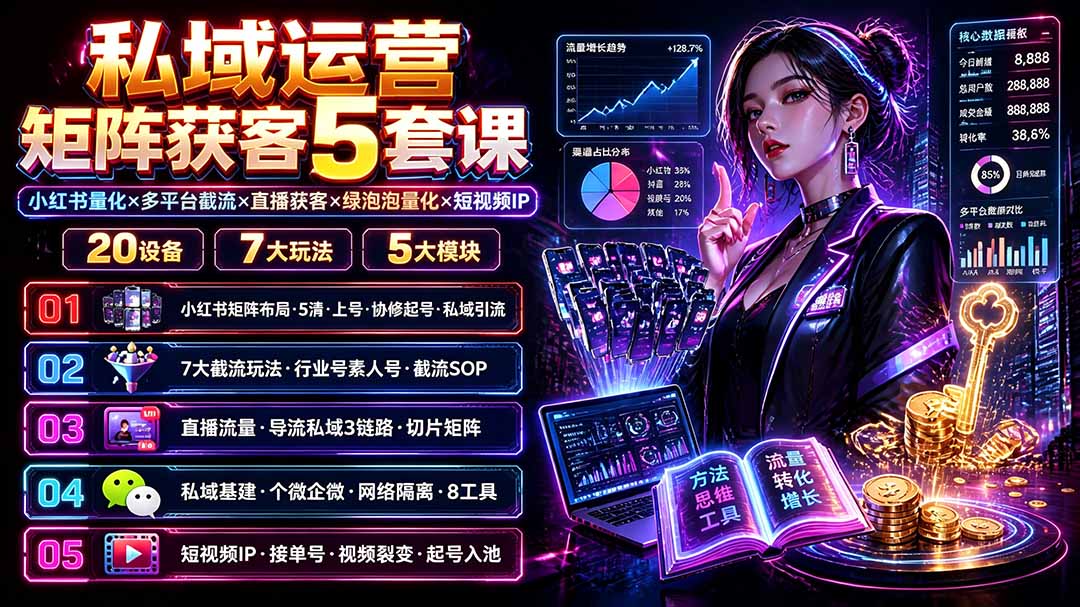 私域运营矩阵获客5套课:小红书量化×多平台截流×直播获客×绿泡泡量化×短视频IP×20设备×7大玩法-聊项目