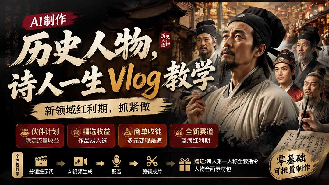 历史人物,诗人一生Vlog教学, AI制作丨伙伴计划丨精选收益丨商单收徒 ,新领域红利期,抓紧做-聊项目