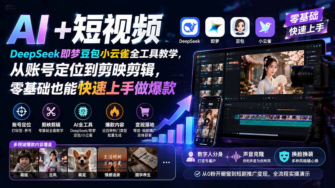 AI+短视频|DeepSeek即梦豆包小云雀全工具教学,从账号定位到剪映剪辑,零基础也能快速上手做爆款-聊项目