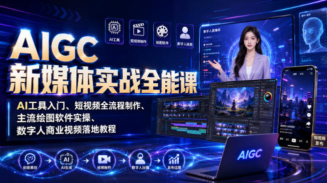 AIGC新媒体实战全能课｜AI工具入门、短视频全流程制作、主流绘图软件实操、数字人商业视频落地教程-聊项目