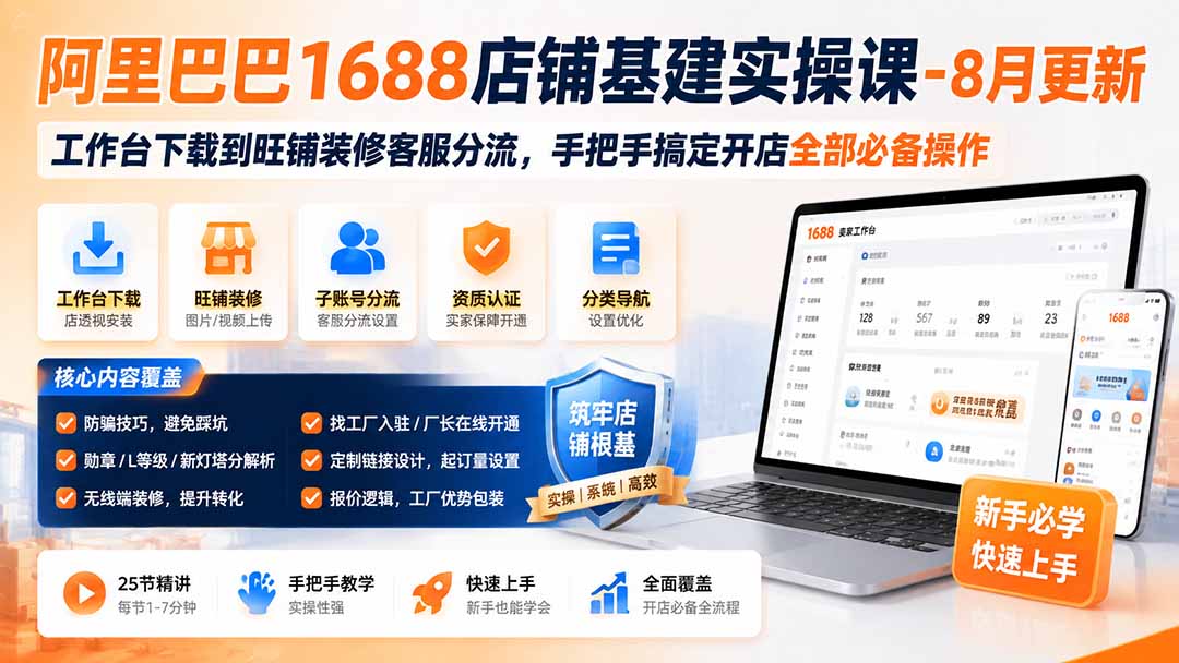 阿里巴巴1688店铺基建实操课-8月更新;工作台下载到旺铺装修客服分流,手把手搞定开店全部必备操作-聊项目